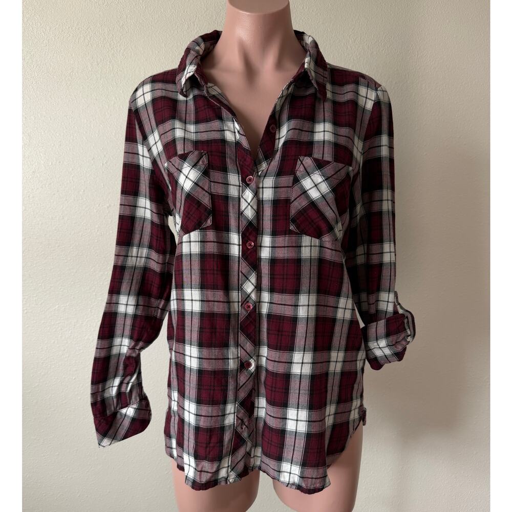 Soft Joie Plaid Button Up Shirt Burgundy Eggplant Roll Tab Sleeve Small